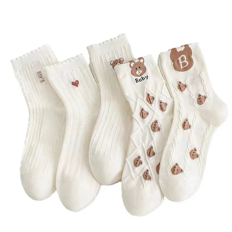5/10 Pairs Women Cartoon Socks round Mid Tube Fashionable Cute Expression Pattern Socks Casual Breathable Autumn Girls Socks