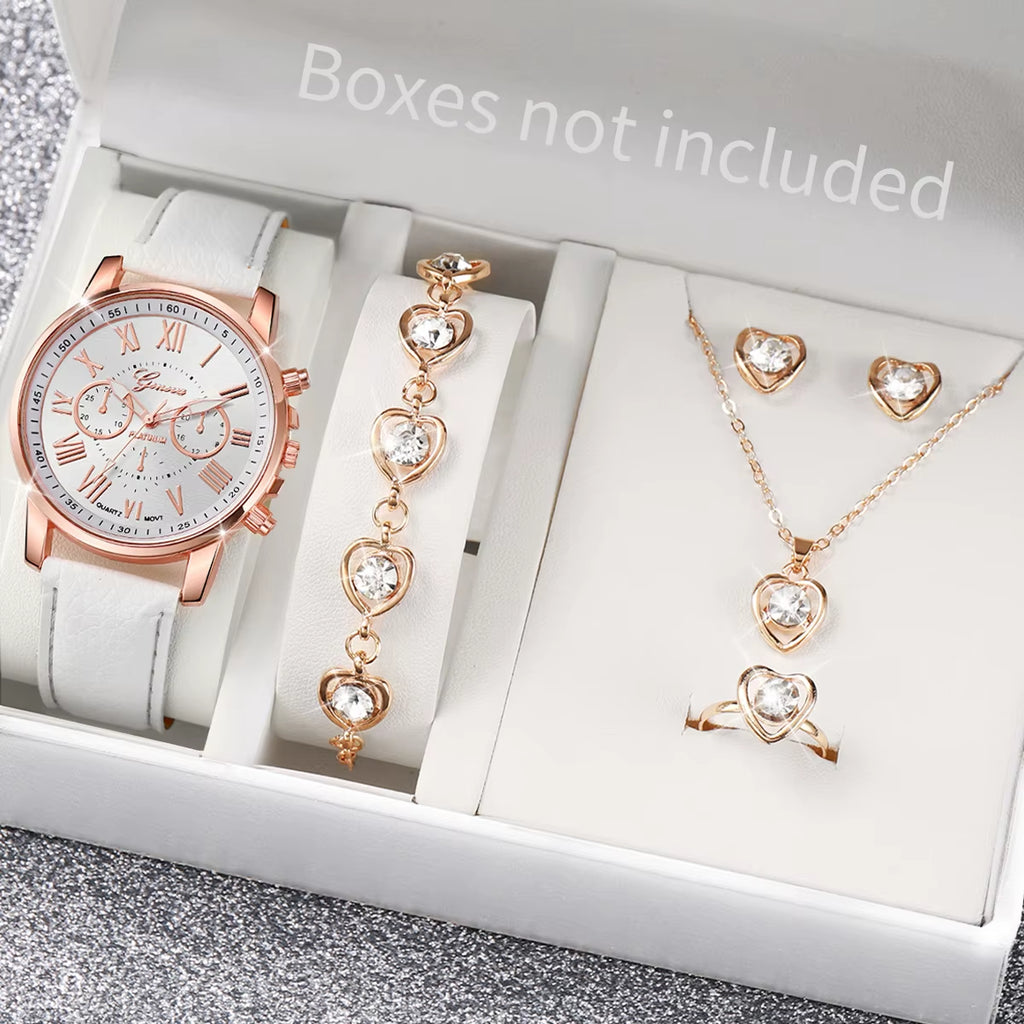 5/6PCS Fashion Women'S Quartz Watch Leather Band Analog Wrist Watches Heart Rhinestone Jewelry Set(Without Box)