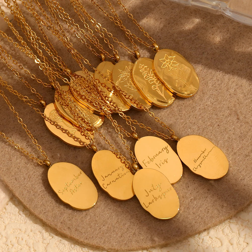 Tarnish Free Irregular Personality 12 Months Flower Pendant Necklace Stainless Steel Gold Plated Birthstone Necklace
