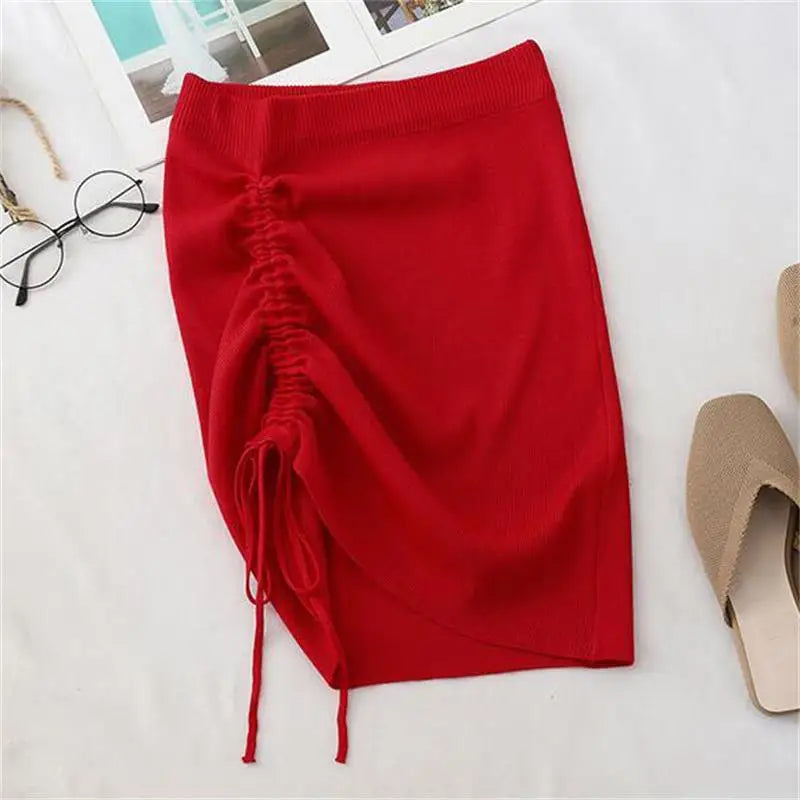 White High Waist Stretch Side Drawstring Skirt Women Club Slim Knitted Short Skirt Sexy All-Match Fashion Mini Skirt Black