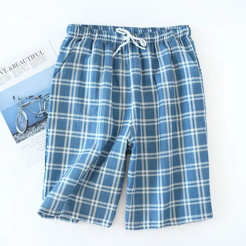 Men'S Cotton Gauze Trousers Plaid Knitted Sleep Pants Woman Pajamas Pants Bottoms Sleepwear Short for Couples Pijama Hombre