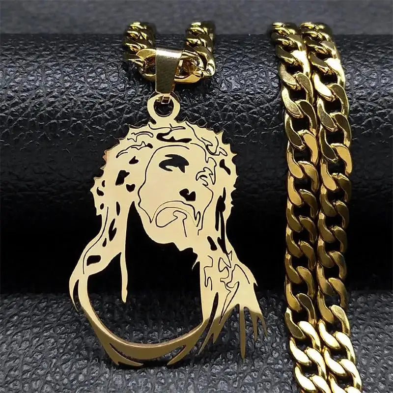 Hip Hop Punk Crown of Thorns Jesus Cross Necklace for Men Stainless Steel Gold Plated Crucifix Pendant Necklaces Jewelry N8052