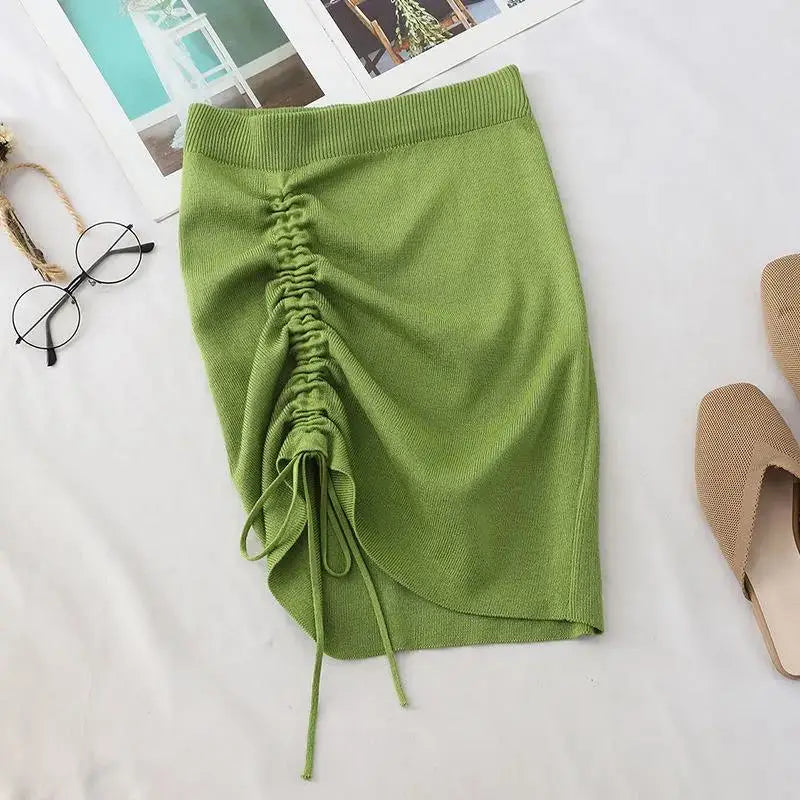 White High Waist Stretch Side Drawstring Skirt Women Club Slim Knitted Short Skirt Sexy All-Match Fashion Mini Skirt Black