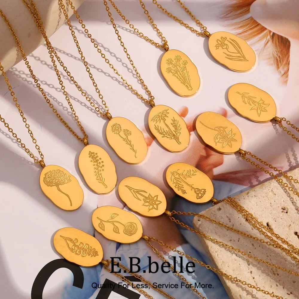 Tarnish Free Irregular Personality 12 Months Flower Pendant Necklace Stainless Steel Gold Plated Birthstone Necklace