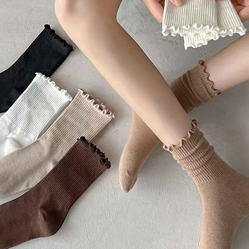 3/5/6/10 Pairs Ruffled Mid Length Socks Women Breathable Solid Color Set Spring and Autumn Comfort Sweat-Absorbing Girls' Socks