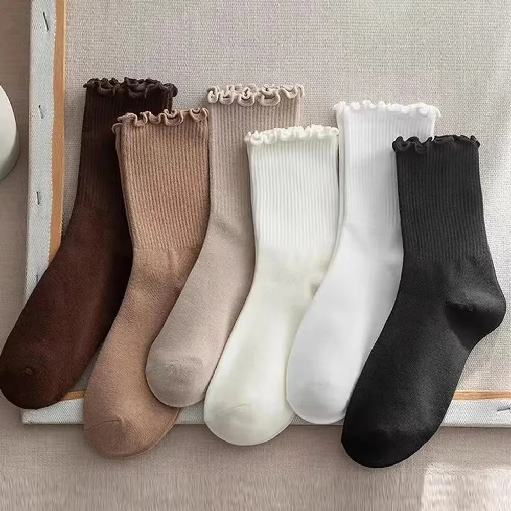 3/5/6/10 Pairs Ruffled Mid Length Socks Women Breathable Solid Color Set Spring and Autumn Comfort Sweat-Absorbing Girls' Socks