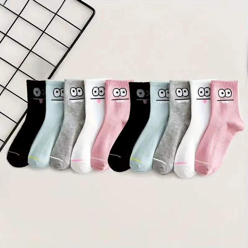 5/10 Pairs Women'S Cute Expression Printed Ankle Socks Comfort Interesting Spring Autumn Medium Tube Sock Girls' Short Socks