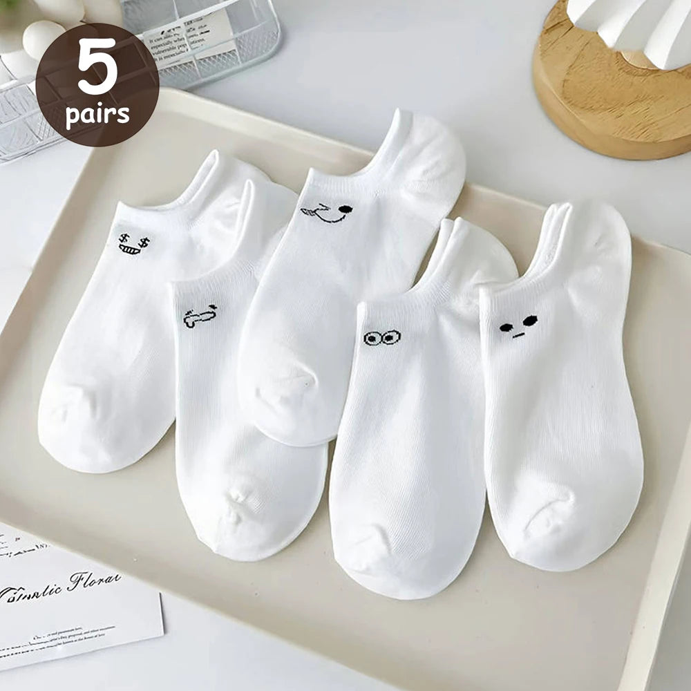 5/10 Pairs Women Cartoon Socks round Mid Tube Fashionable Cute Expression Pattern Socks Casual Breathable Autumn Girls Socks
