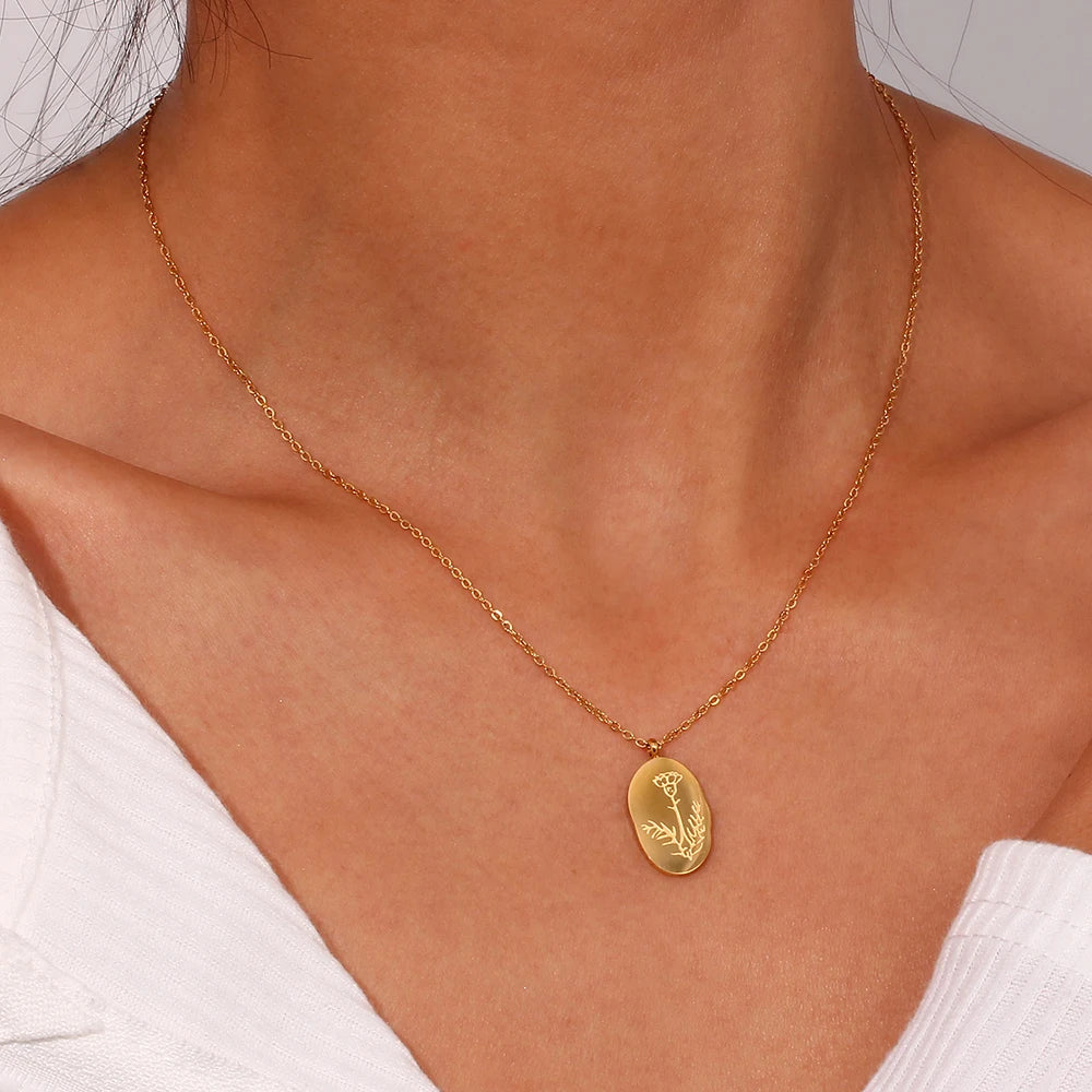 Tarnish Free Irregular Personality 12 Months Flower Pendant Necklace Stainless Steel Gold Plated Birthstone Necklace