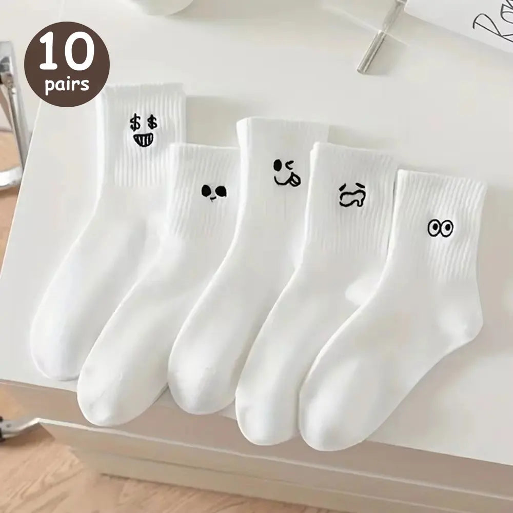 5/10 Pairs Women Cartoon Socks round Mid Tube Fashionable Cute Expression Pattern Socks Casual Breathable Autumn Girls Socks