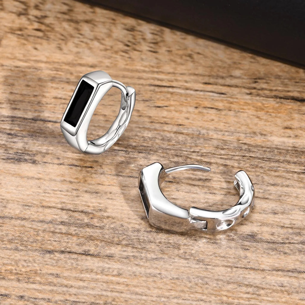 Geometric Black Stone Earrings for Men Boys,Silver Color Metal Hoop Earrings,Stylish Gift for Husband Dad Boyfriend