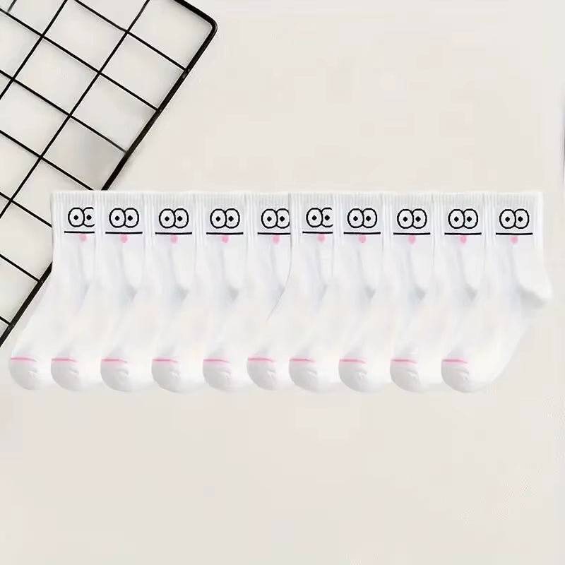 5/10 Pairs Women'S Cute Expression Printed Ankle Socks Comfort Interesting Spring Autumn Medium Tube Sock Girls' Short Socks