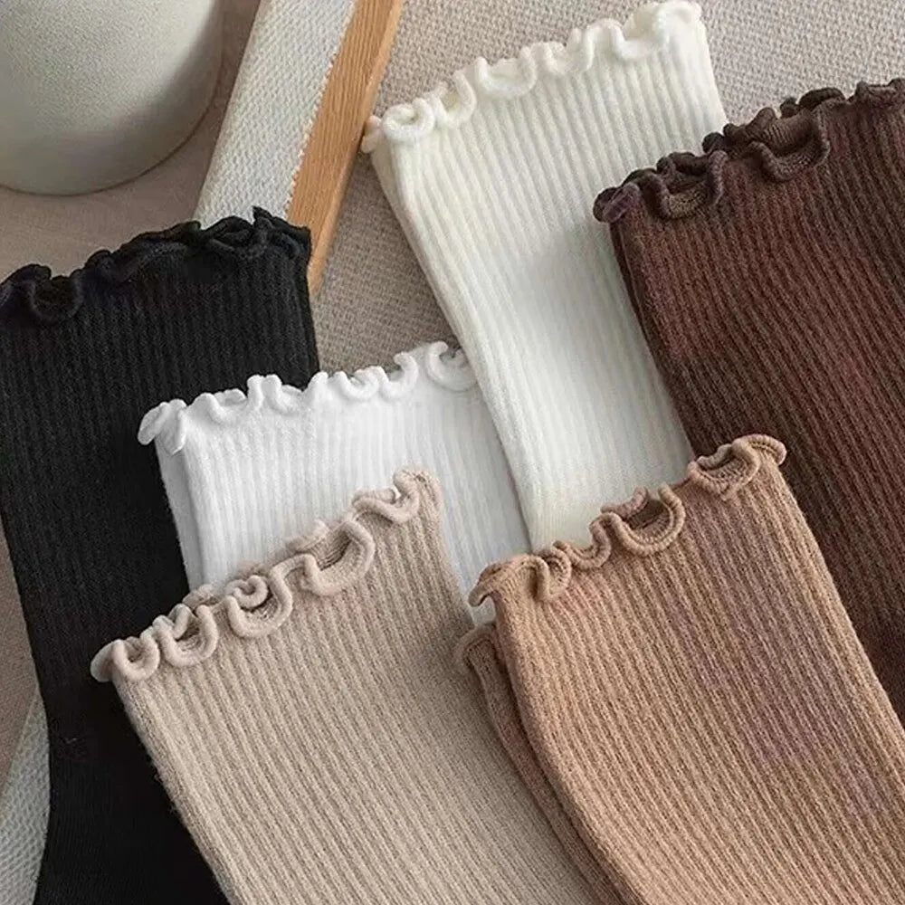 3/5/6/10 Pairs Ruffled Mid Length Socks Women Breathable Solid Color Set Spring and Autumn Comfort Sweat-Absorbing Girls' Socks