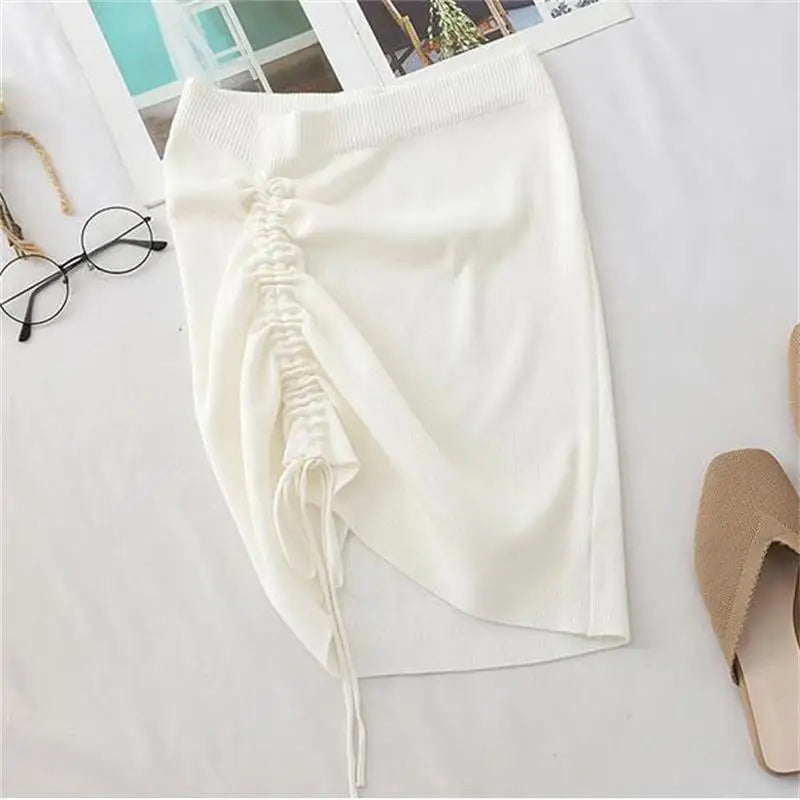 White High Waist Stretch Side Drawstring Skirt Women Club Slim Knitted Short Skirt Sexy All-Match Fashion Mini Skirt Black