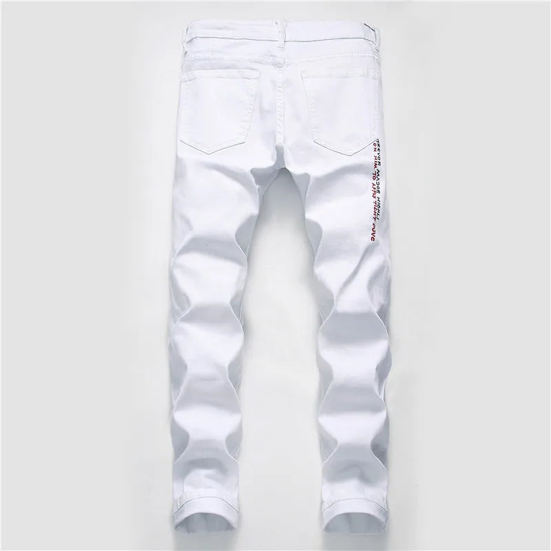 New Men Streetwear Personality Ripped Printed White Skinny Jeans Hip Hop Punk Casual Motorcycle Stretch Denim Jeans Trousers