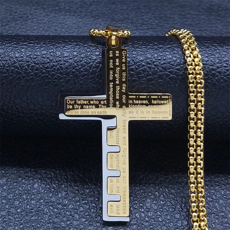 Cross Christian Church Prayer Necklace Men Stainless Steel Gold Color Bible Amulet Necklaces Jewelry Colar Masculino N2005S02