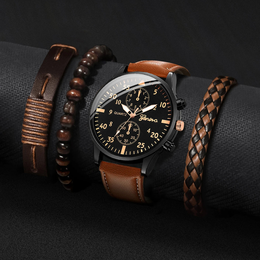 4Pcs/Set Men'S Business Watches Fashion Arabic Dial Leather Band Quartz Watches Vintage Bracelets Set（Without Box）