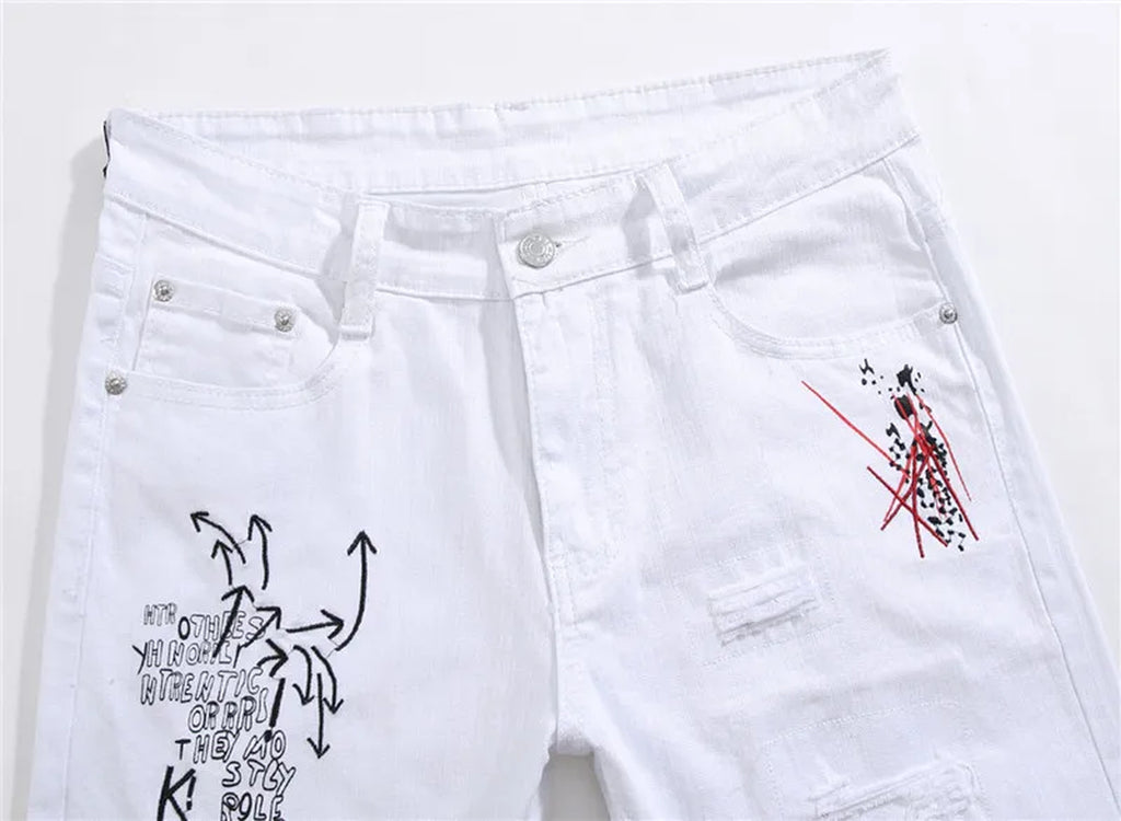 New Men Streetwear Personality Ripped Printed White Skinny Jeans Hip Hop Punk Casual Motorcycle Stretch Denim Jeans Trousers
