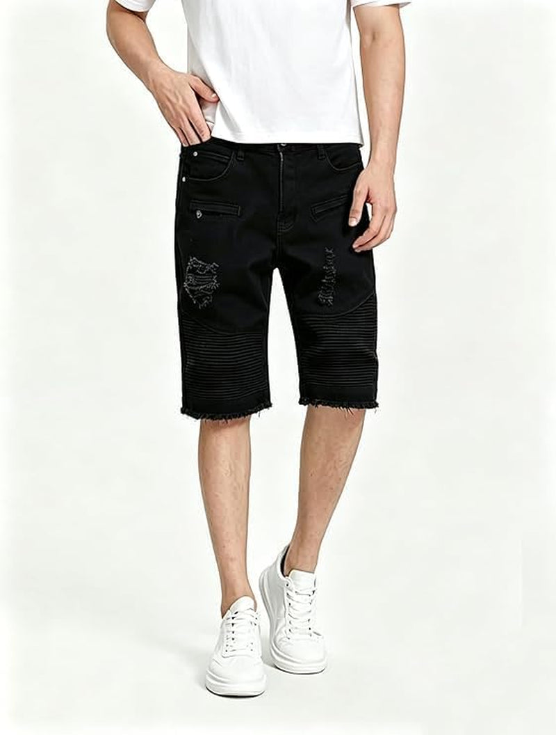 Men'S Casual Denim Shorts Classic Fit Ripped Distressed Summer Jeans Shorts