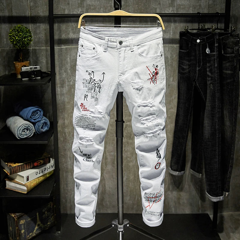 New Men Streetwear Personality Ripped Printed White Skinny Jeans Hip Hop Punk Casual Motorcycle Stretch Denim Jeans Trousers