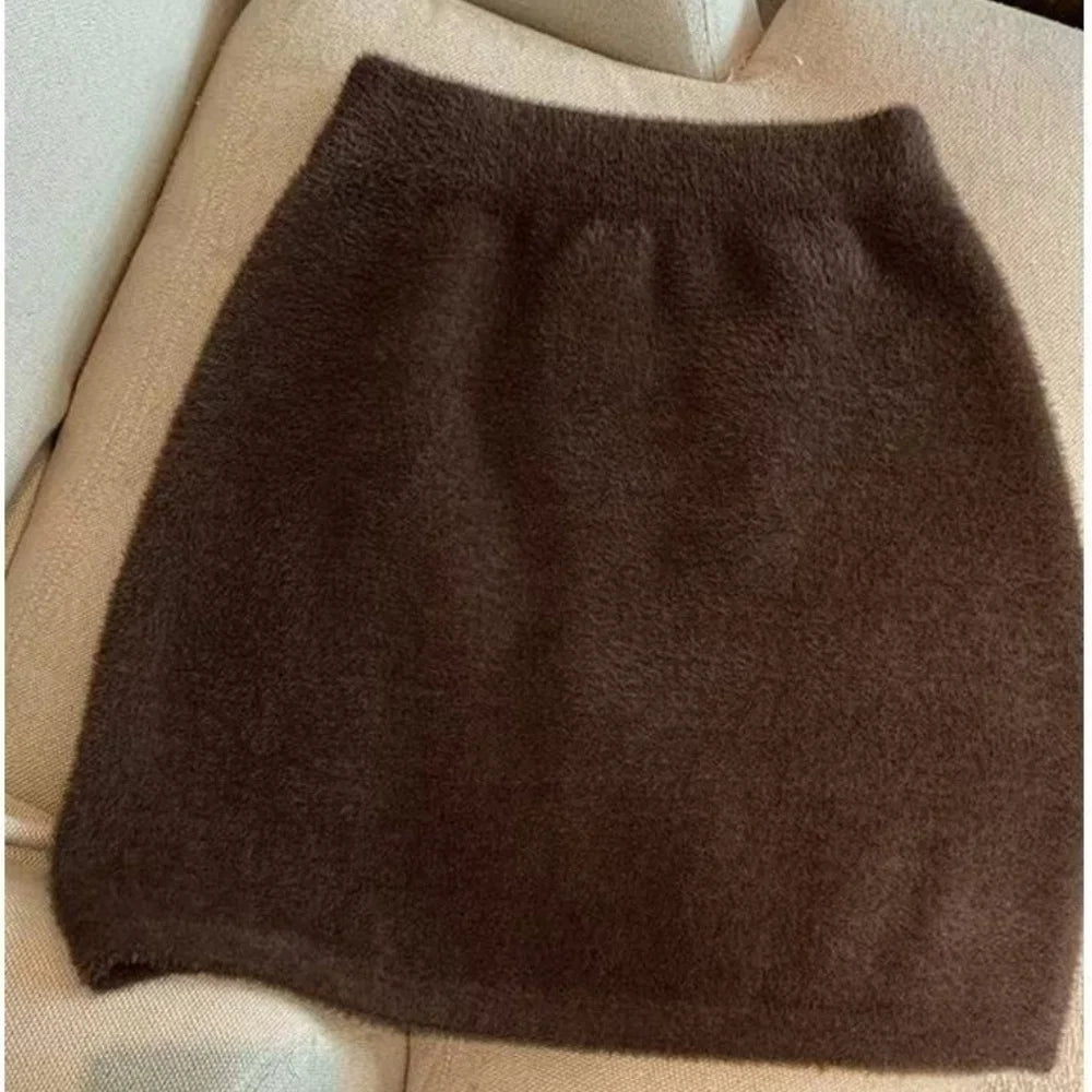 Elastic Waist Slim Women Short Skirt Sexy Elegant All-Match Basic Mini Skirt Winter Sweet Casual Knit Imitation Mink Fur Skirt