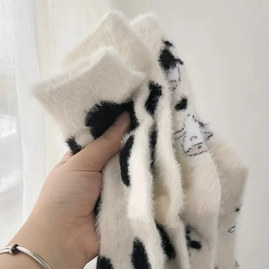 2 Pairs Cute Cow Spots Print Socks, Thickened & Warm Coral Fleece Socks, Women'S Stockings & Hosiery