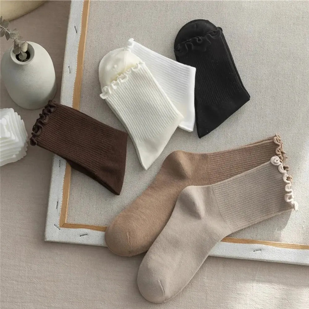 3/5/6/10 Pairs Ruffled Mid Length Socks Women Breathable Solid Color Set Spring and Autumn Comfort Sweat-Absorbing Girls' Socks