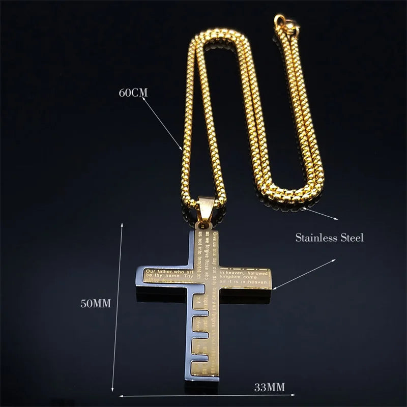 Cross Christian Church Prayer Necklace Men Stainless Steel Gold Color Bible Amulet Necklaces Jewelry Colar Masculino N2005S02