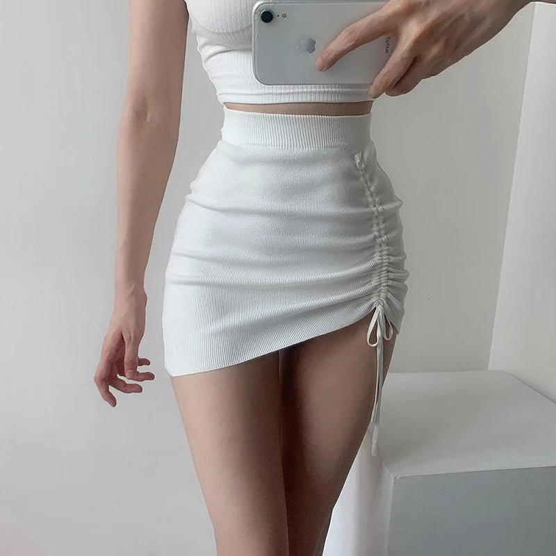White High Waist Stretch Side Drawstring Skirt Women Club Slim Knitted Short Skirt Sexy All-Match Fashion Mini Skirt Black