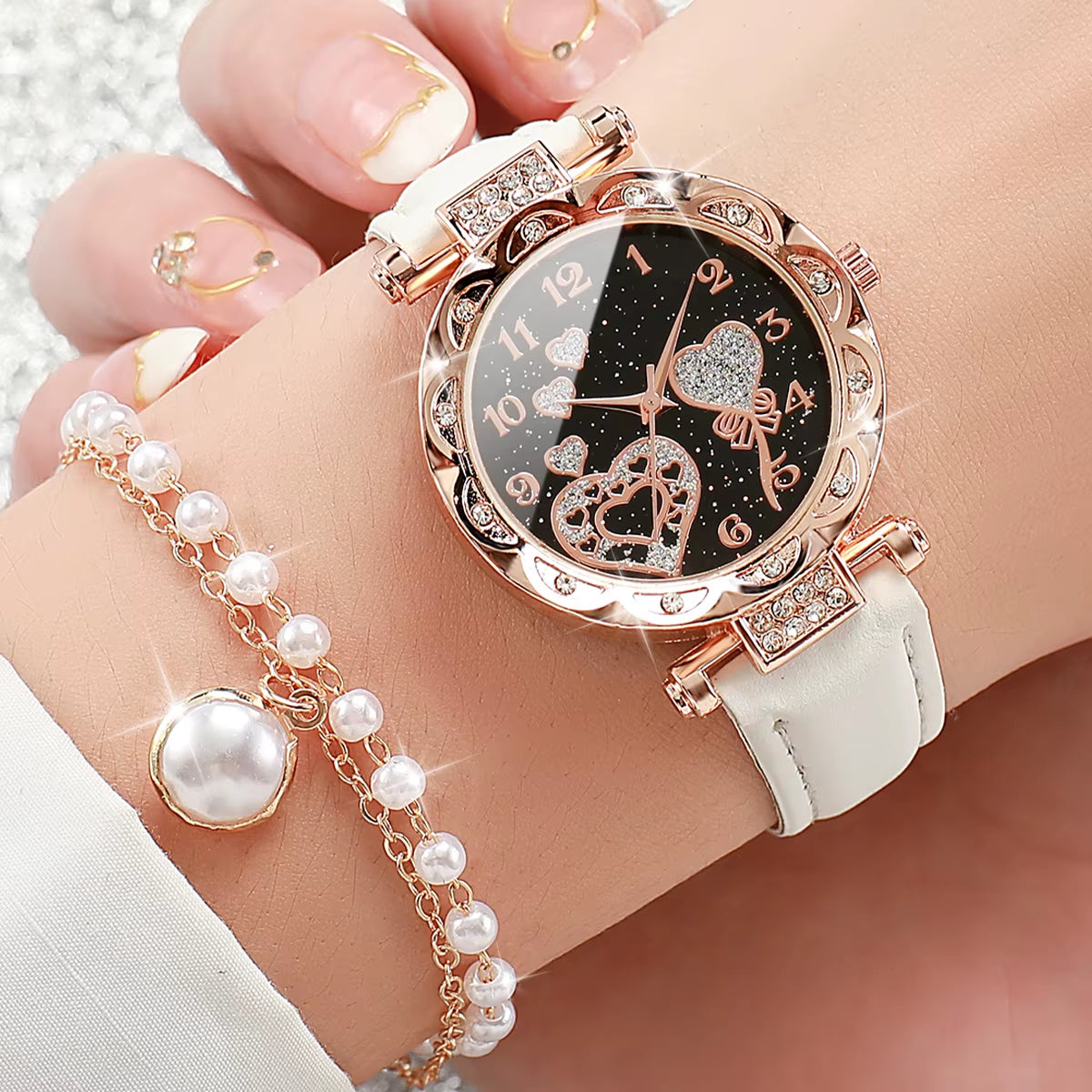 4Pcs/Set Women'S Shiny Rhinestone Quartz Watch Analog PU Leather Wrist Watch Faux Pearl Jewelry Set Girls Gift（Without Box）