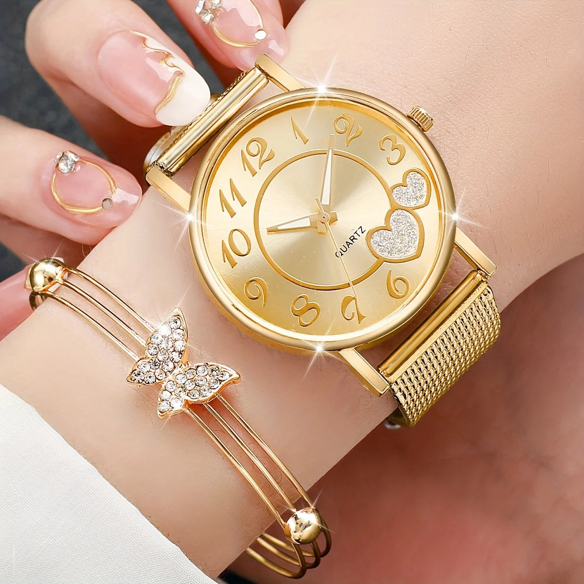 3/6PCS Fashion Heart Women'S Watch Plastic Band Analog Golden Quartz Watches Butterfly Jewelry Set(Without Box)