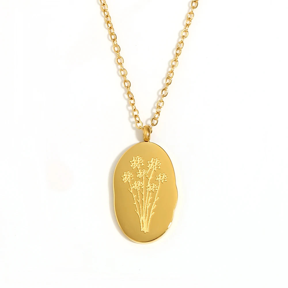 Tarnish Free Irregular Personality 12 Months Flower Pendant Necklace Stainless Steel Gold Plated Birthstone Necklace