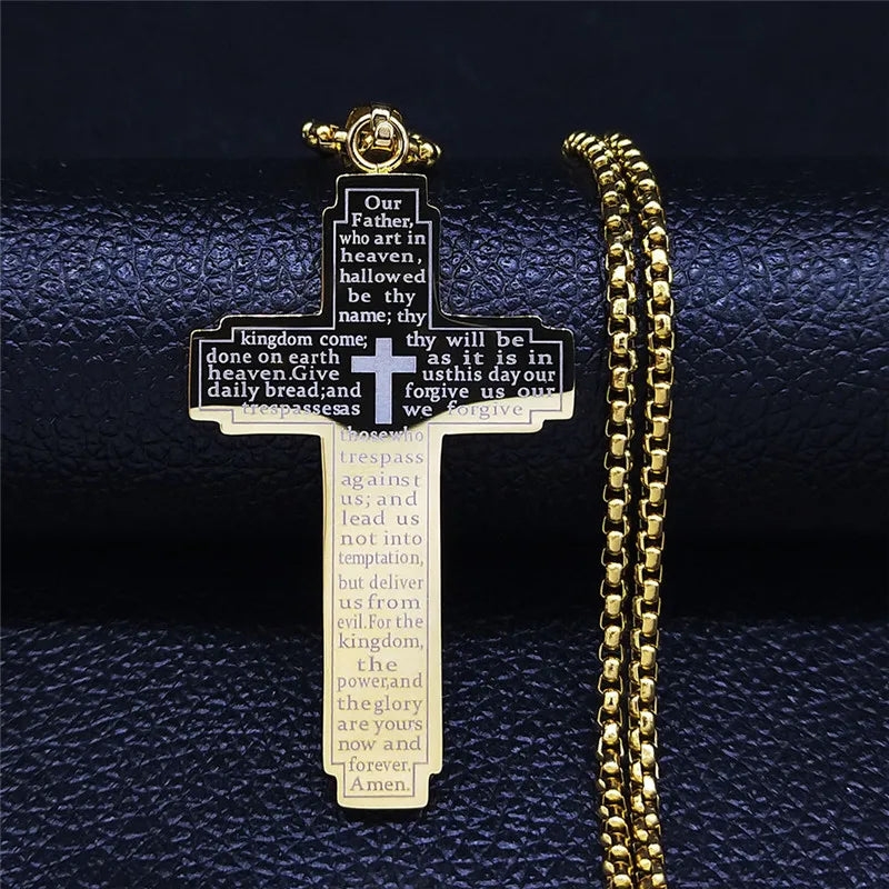 Christian Bible Cross Chain Necklace Stainless Steel Pendant Necklace for Men Religious Prayer Jesus Jewelry Corrente Masculina