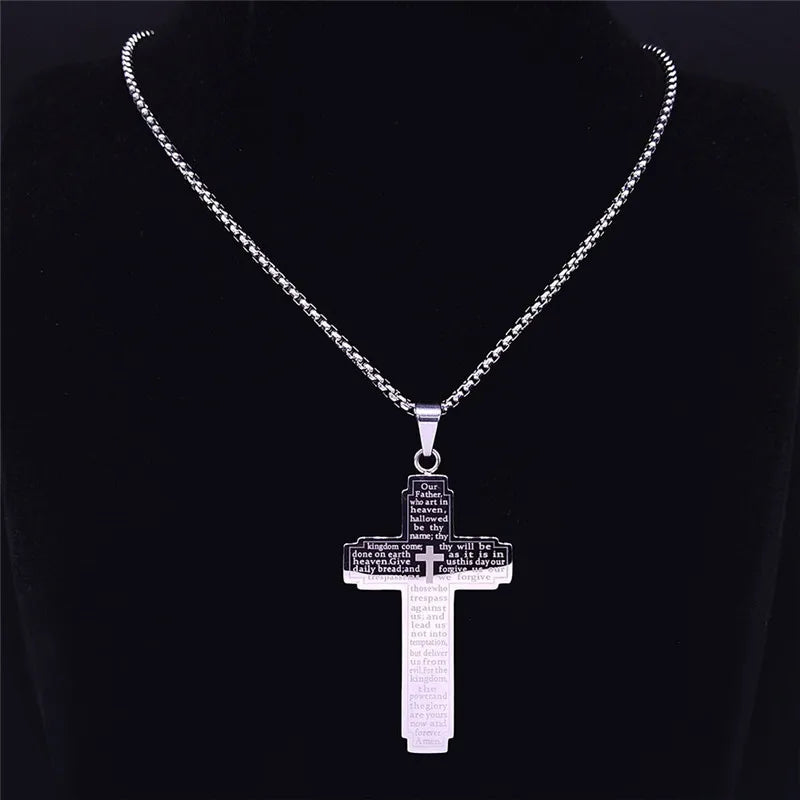Christian Bible Cross Chain Necklace Stainless Steel Pendant Necklace for Men Religious Prayer Jesus Jewelry Corrente Masculina