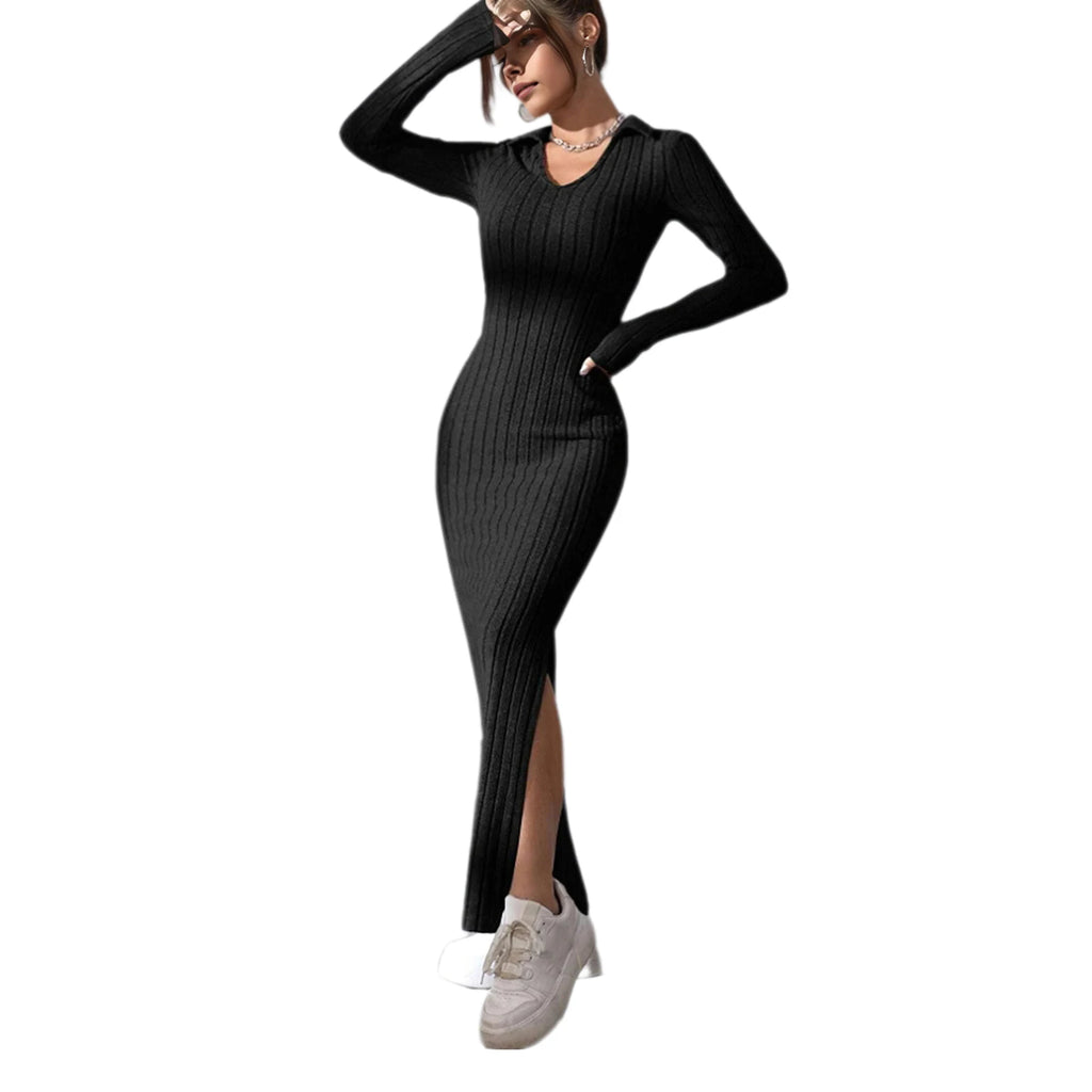 Spring Autumn Sexy Knitted Long Dress Women Long Sleeve V Neck Bodycon Maxi Dress Slit Hem Thread Slim Evening Party Dress