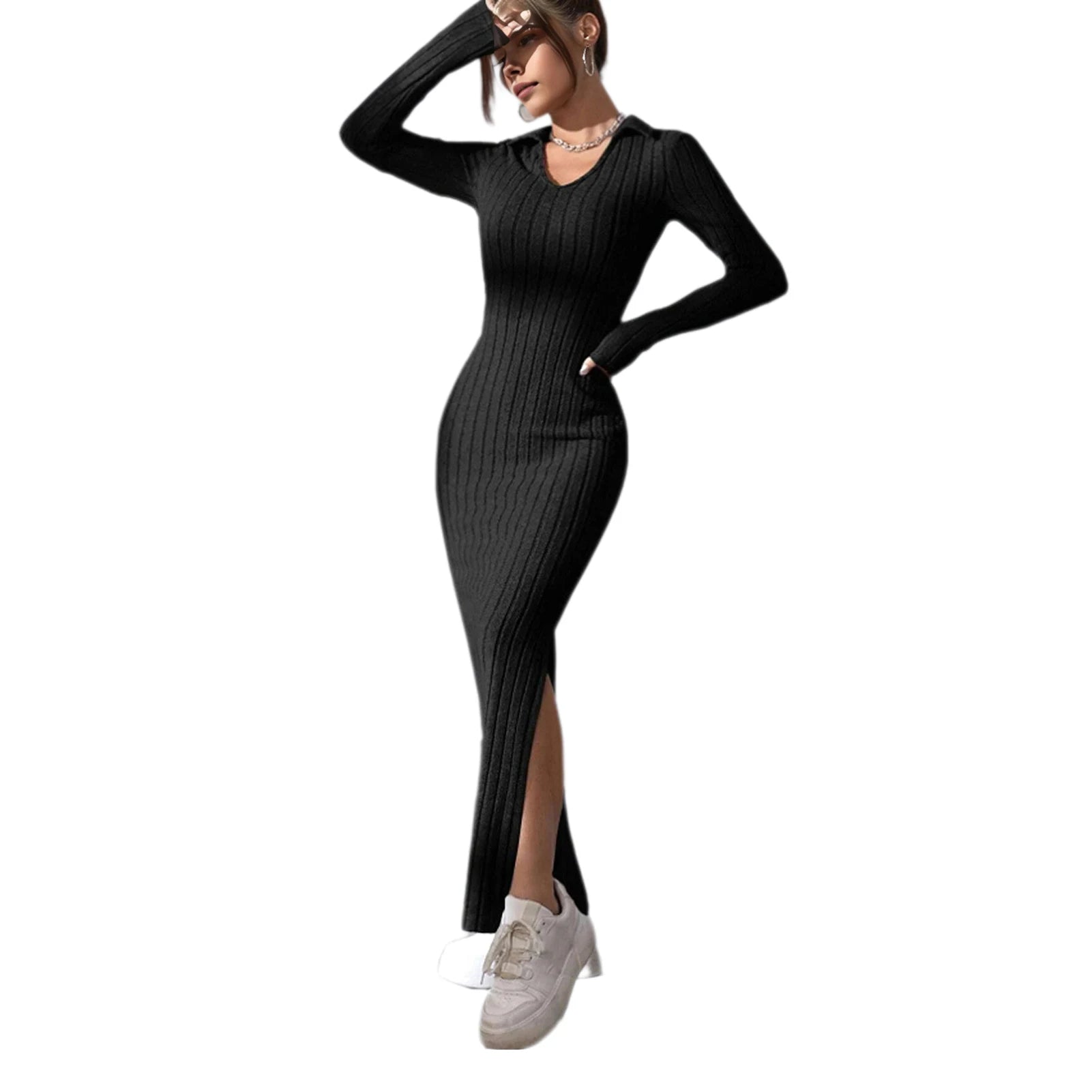 Spring Autumn Sexy Knitted Long Dress Women Long Sleeve V Neck Bodycon Maxi Dress Slit Hem Thread Slim Evening Party Dress