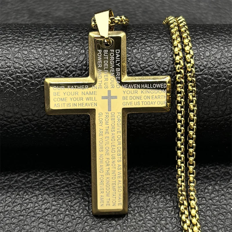 Cross Christian Church Prayer Necklace Men Stainless Steel Gold Color Bible Amulet Necklaces Jewelry Colar Masculino N2005S02