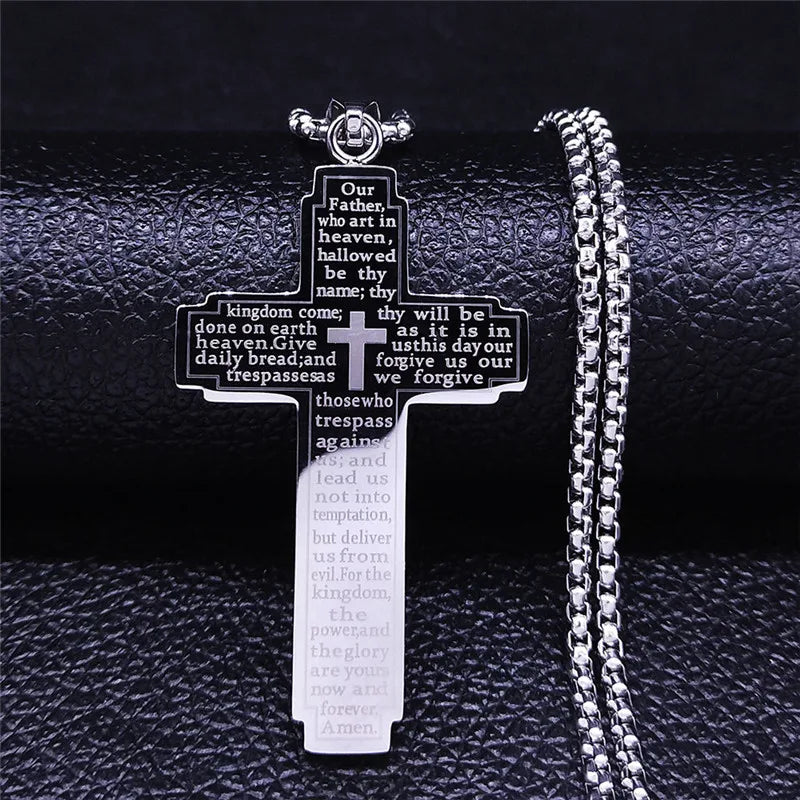 Christian Bible Cross Chain Necklace Stainless Steel Pendant Necklace for Men Religious Prayer Jesus Jewelry Corrente Masculina