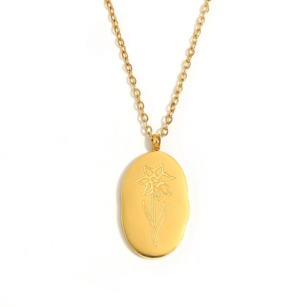 Tarnish Free Irregular Personality 12 Months Flower Pendant Necklace Stainless Steel Gold Plated Birthstone Necklace