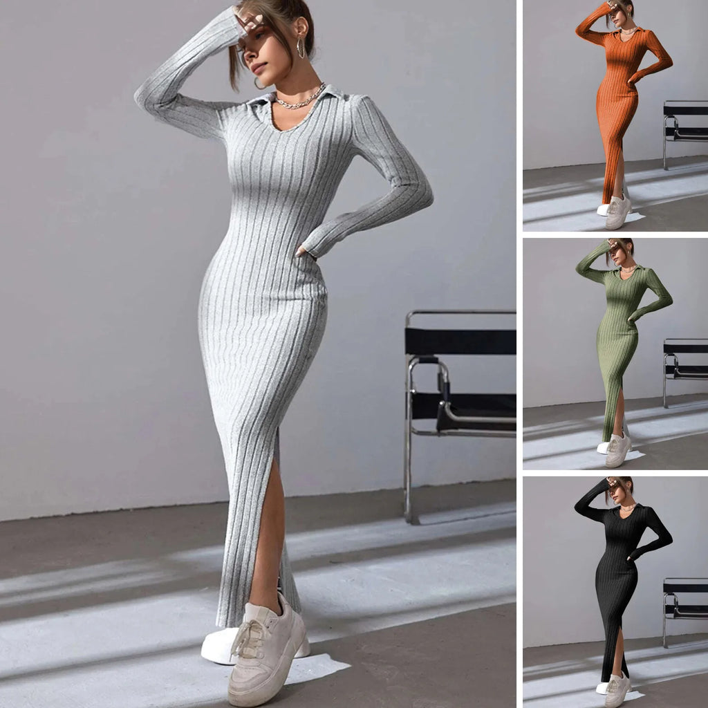 Spring Autumn Sexy Knitted Long Dress Women Long Sleeve V Neck Bodycon Maxi Dress Slit Hem Thread Slim Evening Party Dress