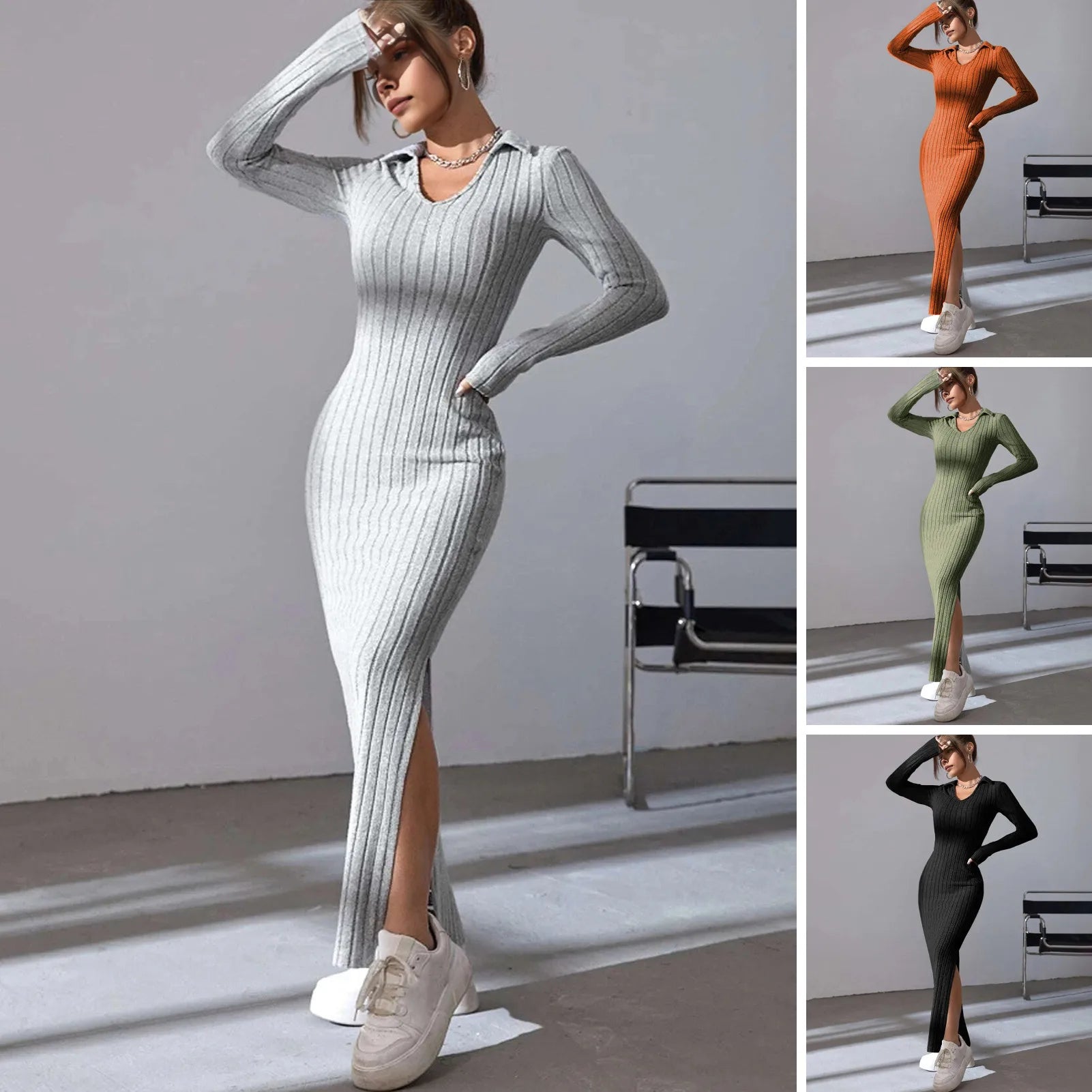 Spring Autumn Sexy Knitted Long Dress Women Long Sleeve V Neck Bodycon Maxi Dress Slit Hem Thread Slim Evening Party Dress