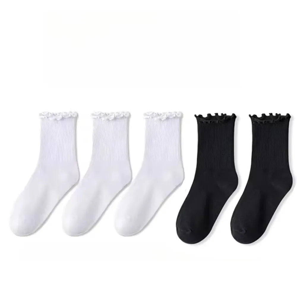 3/5/6/10 Pairs Ruffled Mid Length Socks Women Breathable Solid Color Set Spring and Autumn Comfort Sweat-Absorbing Girls' Socks