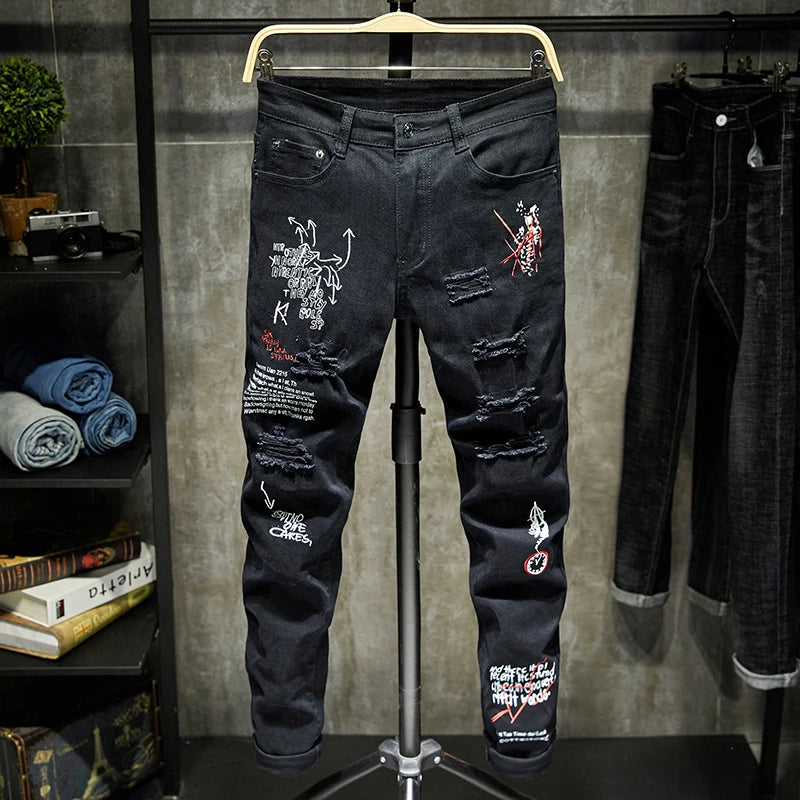New Men Streetwear Personality Ripped Printed White Skinny Jeans Hip Hop Punk Casual Motorcycle Stretch Denim Jeans Trousers