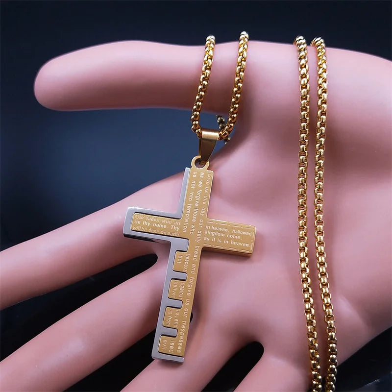 Cross Christian Church Prayer Necklace Men Stainless Steel Gold Color Bible Amulet Necklaces Jewelry Colar Masculino N2005S02