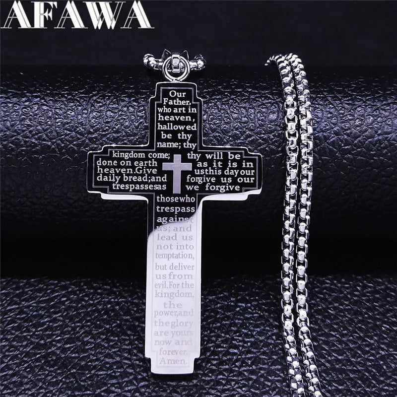 Christian Bible Cross Chain Necklace Stainless Steel Pendant Necklace for Men Religious Prayer Jesus Jewelry Corrente Masculina