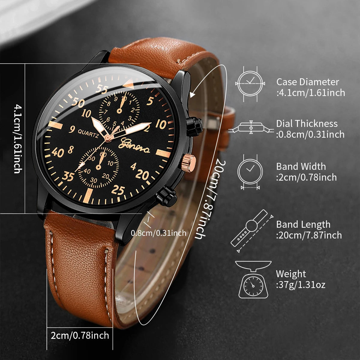 4Pcs/Set Men'S Business Watches Fashion Arabic Dial Leather Band Quartz Watches Vintage Bracelets Set（Without Box）