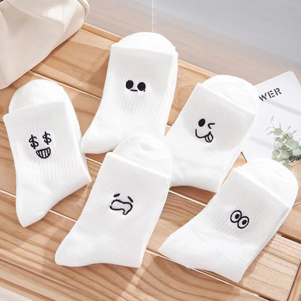 5/10 Pairs Women Cartoon Socks round Mid Tube Fashionable Cute Expression Pattern Socks Casual Breathable Autumn Girls Socks