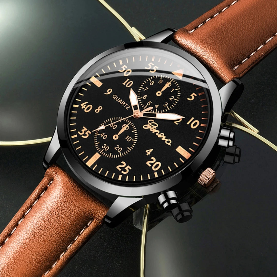 4Pcs/Set Men'S Business Watches Fashion Arabic Dial Leather Band Quartz Watches Vintage Bracelets Set（Without Box）