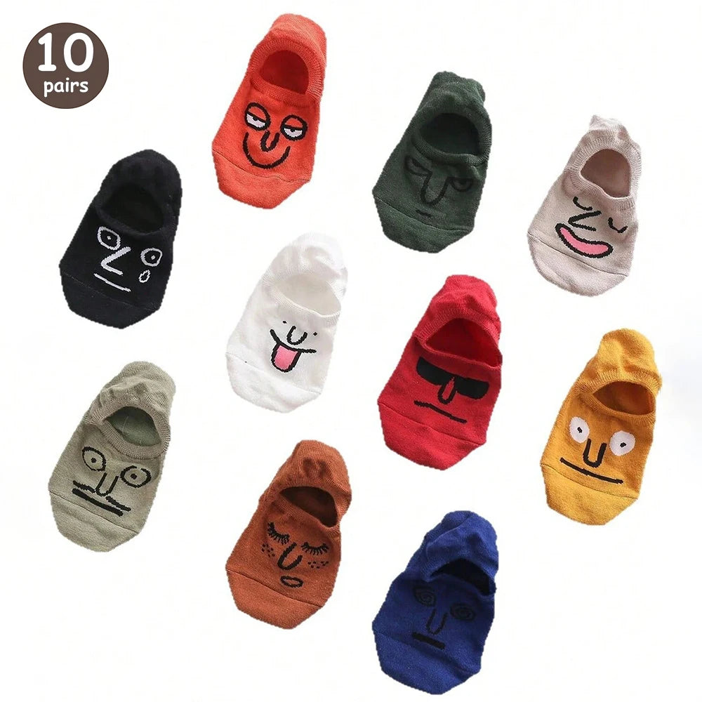 5/10 Pairs Women Cartoon Socks round Mid Tube Fashionable Cute Expression Pattern Socks Casual Breathable Autumn Girls Socks