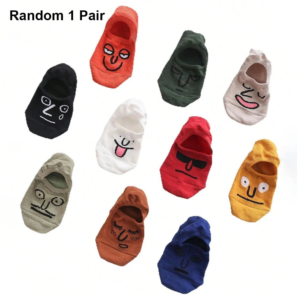 5/10 Pairs Women Cartoon Socks round Mid Tube Fashionable Cute Expression Pattern Socks Casual Breathable Autumn Girls Socks